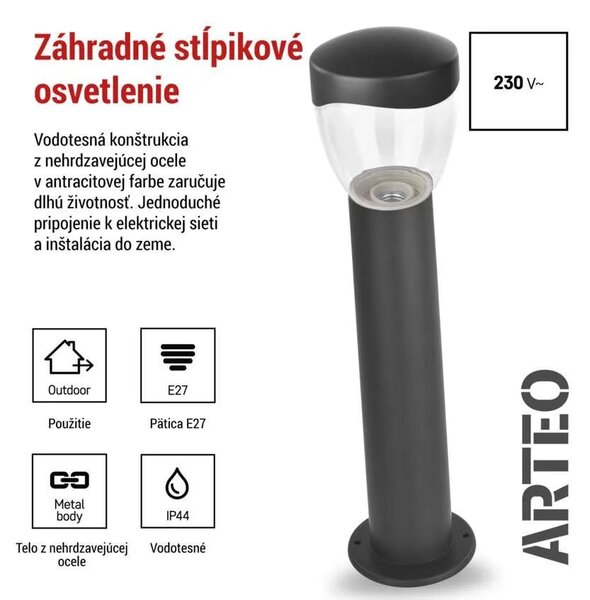 Záhradné stĺpikové svietidlo ARTEO, 50cm, antracit, E27, IP44 (ZGA0A0P)