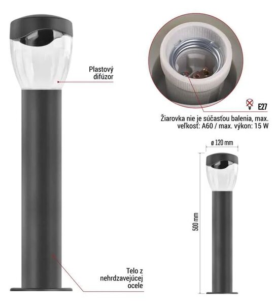 Záhradné stĺpikové svietidlo ARTEO, 50cm, antracit, E27, IP44 (ZGA0A0P)