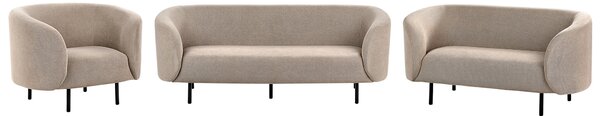 Sedacia súprava sivobéžová polyester látkové čalúnenie čierne kovové nohy zaoblený tvar 2 pohovky kreslo moderný art deco štýl obývačka