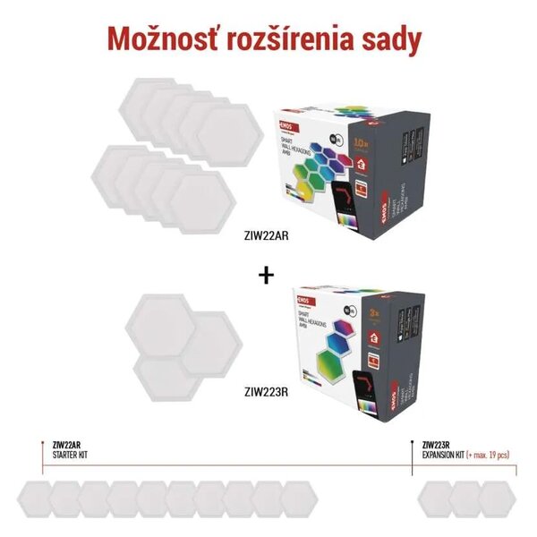 GoSmart LED svietidlo Hexagon, štartovacia sada, 10 dielov, 19 W, RGBIC stmievateľné, WiFi (ZIW22AR)