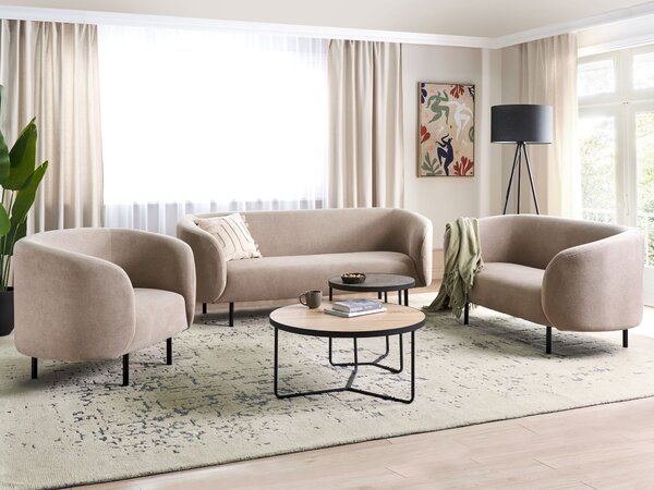Sedacia súprava sivobéžová polyester látkové čalúnenie čierne kovové nohy zaoblený tvar 2 pohovky kreslo moderný art deco štýl obývačka