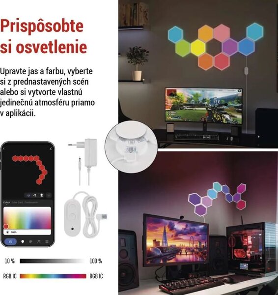 GoSmart LED svietidlo Hexagon, štartovacia sada, 10 dielov, 19 W, RGBIC stmievateľné, WiFi (ZIW22AR)