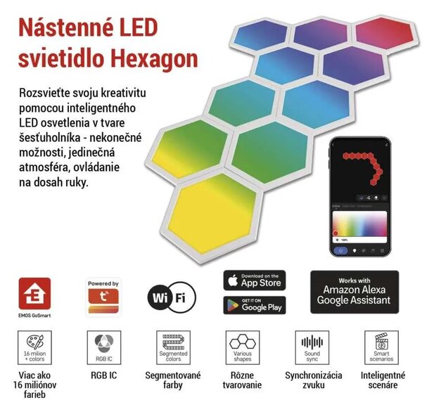 GoSmart LED svietidlo Hexagon, štartovacia sada, 10 dielov, 19 W, RGBIC stmievateľné, WiFi (ZIW22AR)