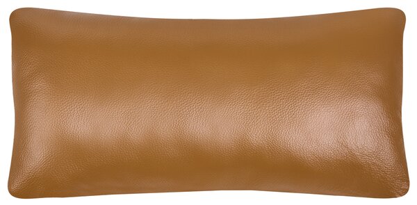 Kreslo zlatohnedé kožené čalúnenie drevený rám s vankúšom mid-century modern štýl obývacia izba