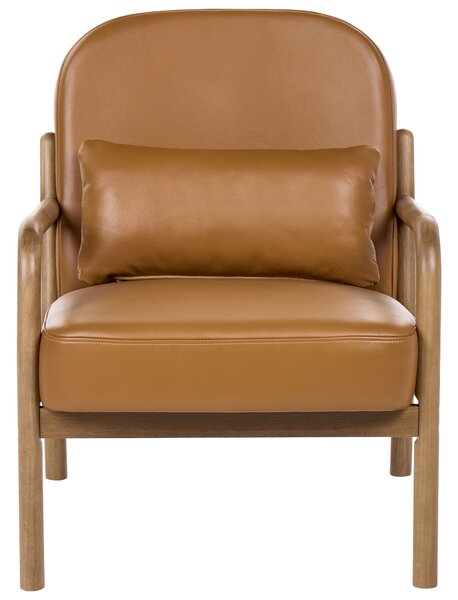 Kreslo zlatohnedé kožené čalúnenie drevený rám s vankúšom mid-century modern štýl obývacia izba
