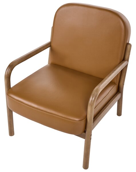 Kreslo zlatohnedé kožené čalúnenie drevený rám s vankúšom mid-century modern štýl obývacia izba