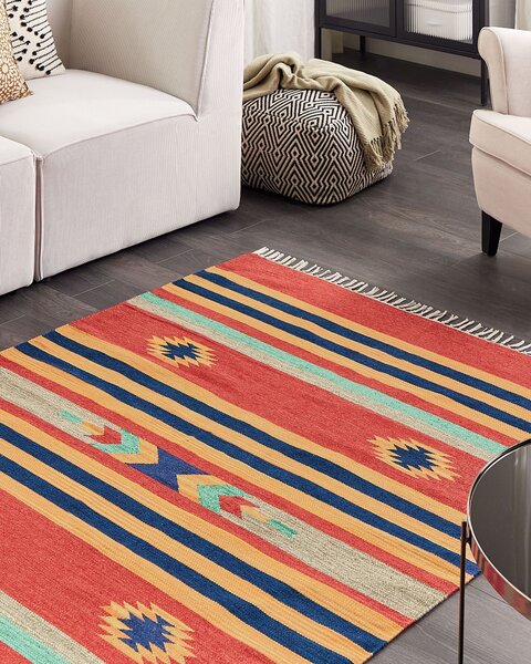 Kelímový koberec viacfarebný bavlna 140 x 200 cm ručne tkaný obojstranný geometrický vzor so strapcami tradičný boho štýl