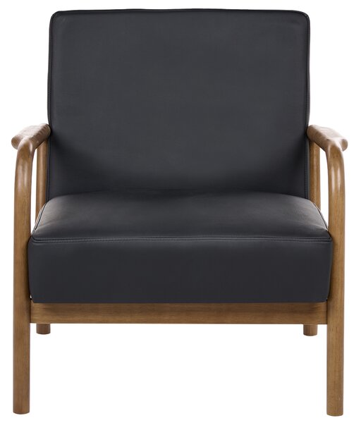Kreslo čierne kožené čalúnenie drevený rám s podrúčkami mid-century modern štýl obývacia izba