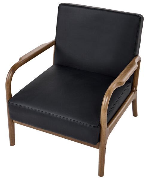 Kreslo čierne kožené čalúnenie drevený rám s podrúčkami mid-century modern štýl obývacia izba