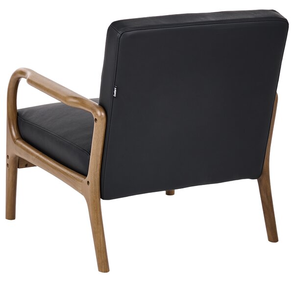 Kreslo čierne kožené čalúnenie drevený rám s podrúčkami mid-century modern štýl obývacia izba