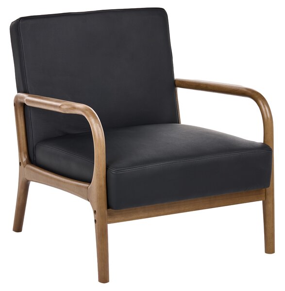 Kreslo čierne kožené čalúnenie drevený rám s podrúčkami mid-century modern štýl obývacia izba