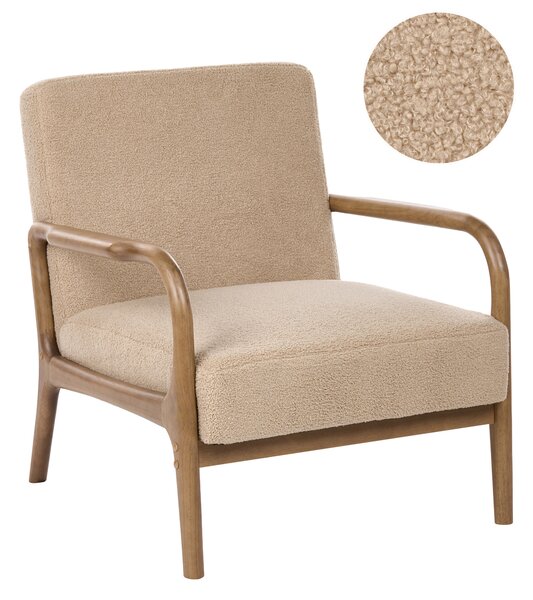 Kreslo béžové buklé čalúnenie drevený rám s podrúčkami mid-century modern štýl obývacia izba