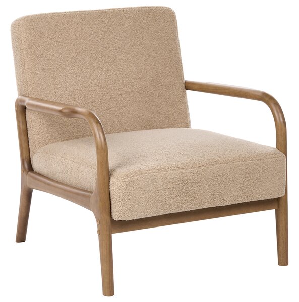 Kreslo béžové buklé čalúnenie drevený rám s podrúčkami mid-century modern štýl obývacia izba