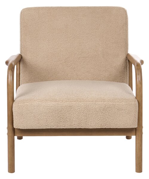 Kreslo béžové buklé čalúnenie drevený rám s podrúčkami mid-century modern štýl obývacia izba