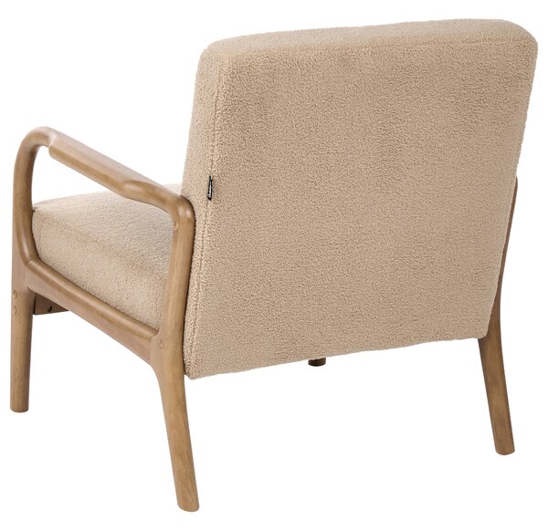 Kreslo béžové buklé čalúnenie drevený rám s podrúčkami mid-century modern štýl obývacia izba