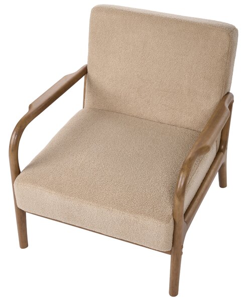 Kreslo béžové buklé čalúnenie drevený rám s podrúčkami mid-century modern štýl obývacia izba