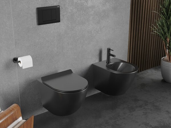 Mexen Lena, závesná WC misa 490x360x340 mm, Rimless Tornádo + WC sedadlo z duroplastu, čierna matná, 30220185T