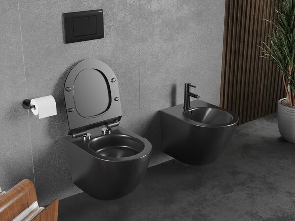 Mexen Lena, závesná WC misa 490x360x340 mm, Rimless Tornádo + WC sedadlo z duroplastu, čierna matná, 30220185T