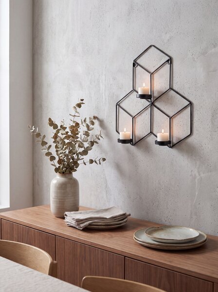 Nástenný svietnik čierny kovový 31 cm moderný geometrický držiak na sviečky bytová dekorácia