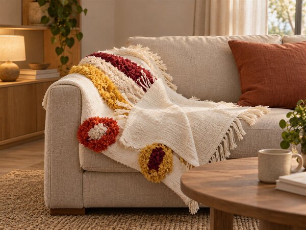 Prikrývka viacfarebná bavlnená 130 x 180 cm ručne vyšívaná so strapcami deka v boho štýle