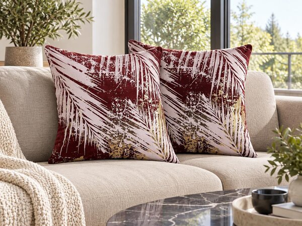 Sada 2 dekoratívnych vankúšov bordové palmový list vzor 45 x 45 cm kvetinový motív potlač glamour