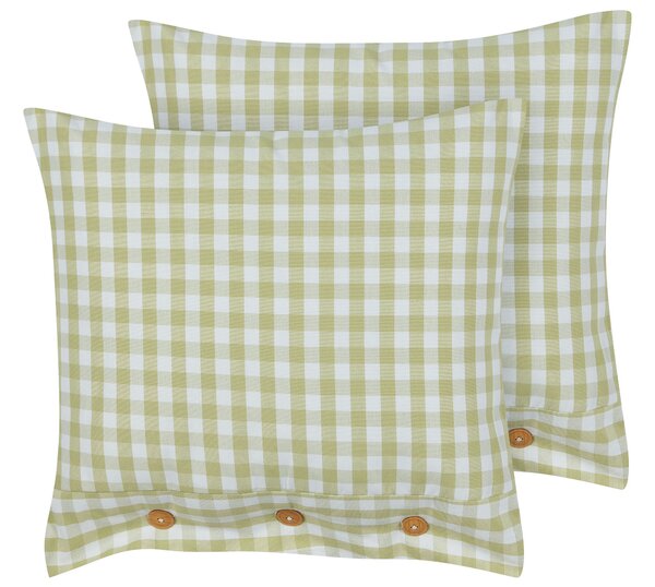 Sada 2 dekoratívnych vankúšov olivovozelený a biely kockovaný vzor 45 x 45 cm gombíky moderný bytový doplnok spálňa obývačka