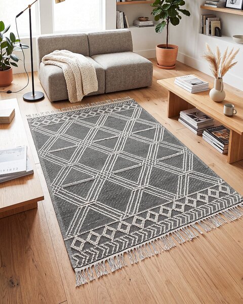 Koberec sivá/krémová vlnený 160 x 230 cm obdĺžnikový geometrický vzor so strapcami boho štýl obývacia izba spálňa