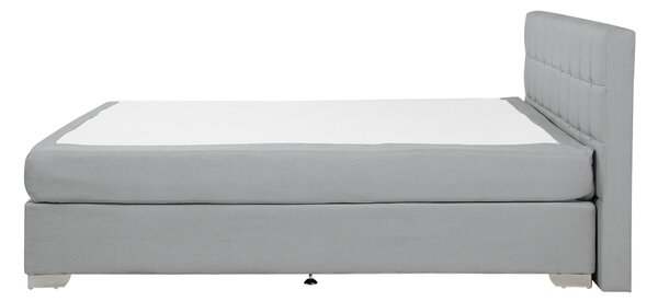 Kontinentálna posteľ svetlosivá látková čalúnená 140 x 200 cm rám postele s čelom a pružinovým matracom