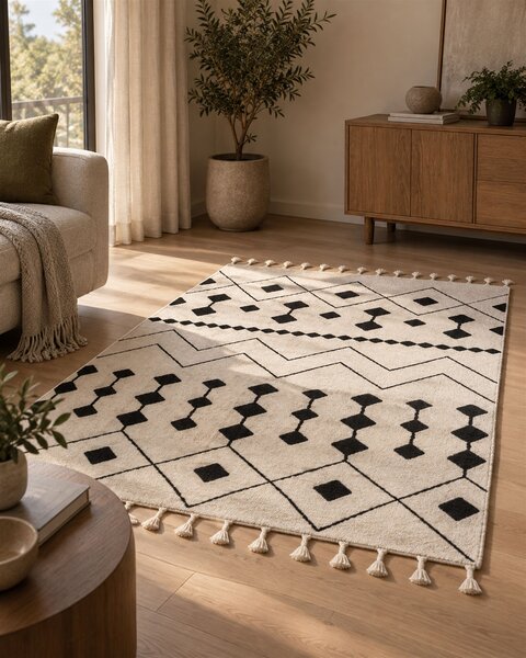 Koberec biela a čierna bavlna 160 x 230 cm geometrický vzor strapce orientálny boho dizajn