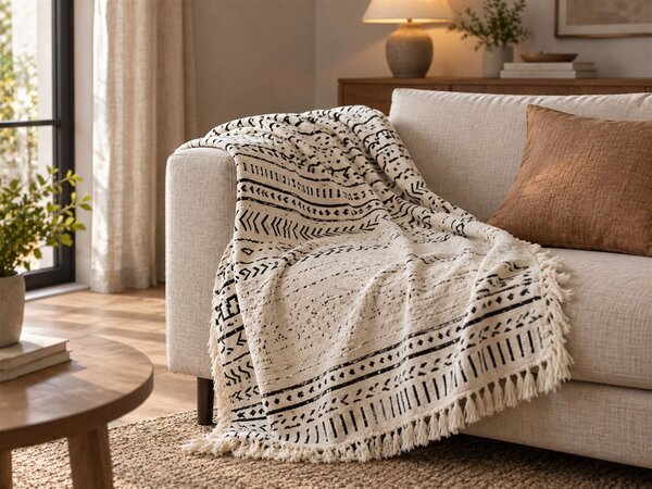Prikrývka biela a čierna bavlnená 130 x 180 cm geometrický tribal vzor prírodný dizajn boho spálňa obývačka