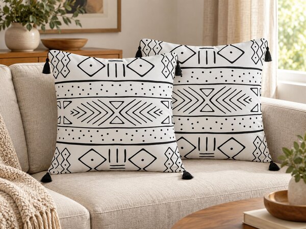 Sada 2 dekoratívnych vankúšov čierna biela zamat 45 x 45 cm geometrický vzor so strapcami štvorcový tvar boho moderný štýl doplnky