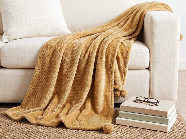 Deka horčicová žltá polyester 200 x 220 cm bez vzoru jednofarebná s brmbolcami prikrývka moderný štýl doplnky obývačka spálňa