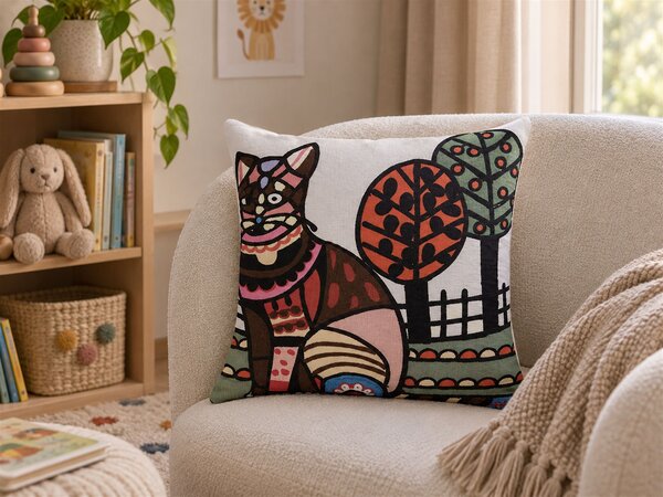 Dekoratívny vankúš viacfarebný bavlna 50 x 50 cm vyšívaný vzor motív mačky ručná výroba snímateľný poťah doplnky