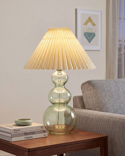 Stolná lampa zelená sklenený podstavec plisované látkové tienidlo obývačka spálňa moderný štýl