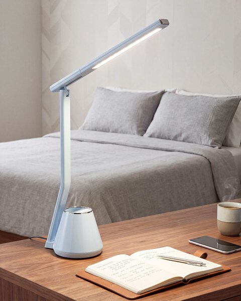 Stolná LED lampa svetlomodrá syntetický materiál 3 režimy teploty svetla so stmievačom a držiakom na perá nastaviteľné tienidlo kancelária