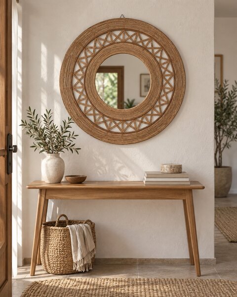Nástenné zrkadlo svetlohnedé bambusové drevo okrúhle 62 cm ručne vyrobený rám geometrický vzor boho štýl rustikálny dizajn
