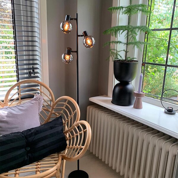 Art Deco stojaca lampa čierna 3-svetlo s dymovým sklom - Vidro