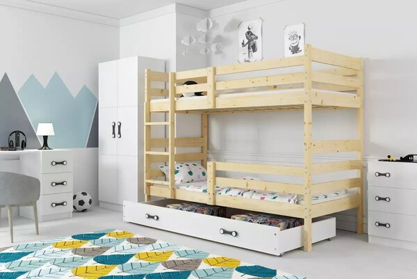 HRUŠKA Poschodová posteľ so zásuvkou a matracmi ERIK natural 190x90 borovica - biela