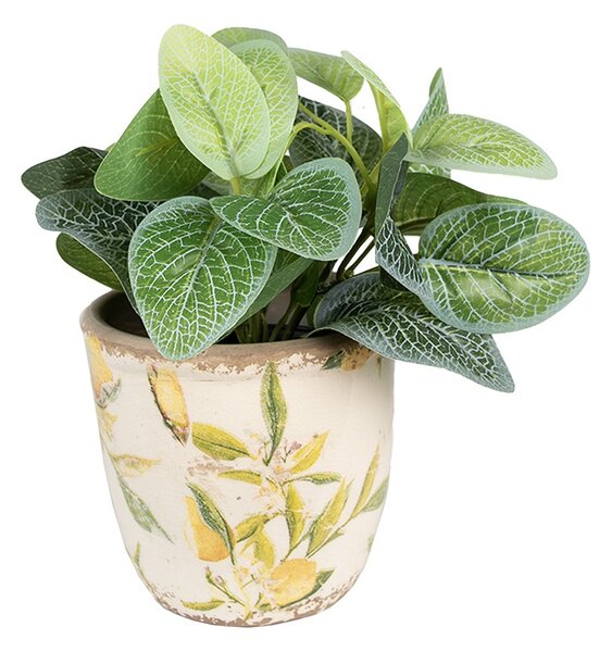 Béžový keramický obal na kvetináč s citrónmi Lemonio M - Ø14*13 cm - Clayre & Eef