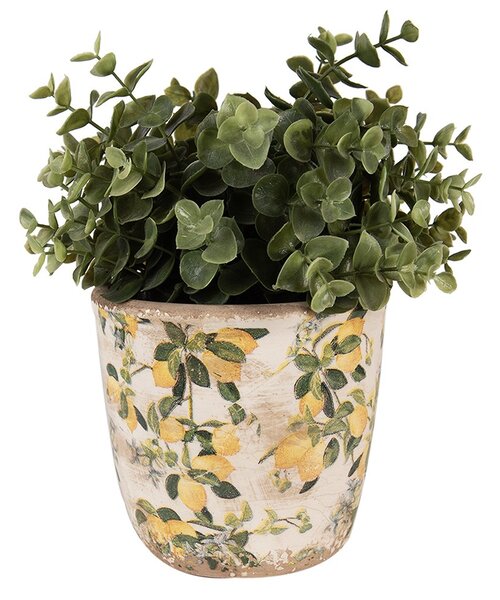 Béžový keramický obal na kvetináč s citrónmi Lemons S - Ø 13*12 cm - Clayre & Eef