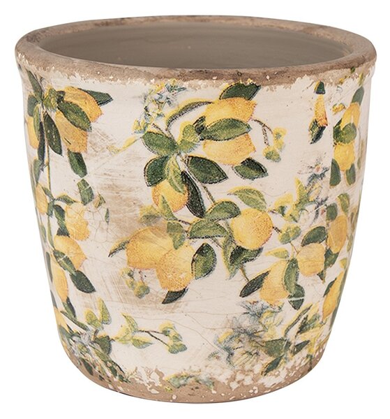 Béžový keramický obal na kvetináč s citrónmi Lemons S - Ø 13*12 cm - Clayre & Eef