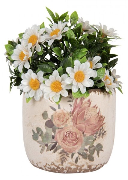 Béžový keramický kvetináč s kvetmi Protea Eucalypt S - Ø 11*10 cm - Clayre & Eef