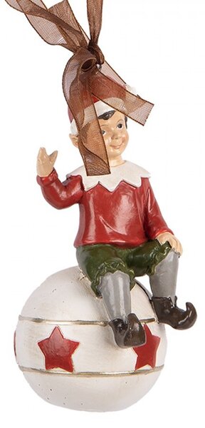 Závesná vianočná dekorácia sediaca Elf na guli - 5*5*10 cm - Clayre & Eef
