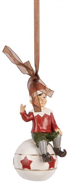 Závesná vianočná dekorácia sediaca Elf na guli - 5*5*10 cm - Clayre & Eef