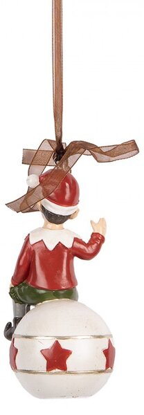 Závesná vianočná dekorácia sediaca Elf na guli - 5*5*10 cm - Clayre & Eef