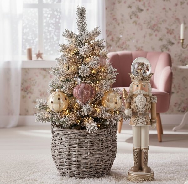 Béžová sklenená vianočná ozdoba gule s korálkami - Ø 8*8 cm - Clayre & Eef