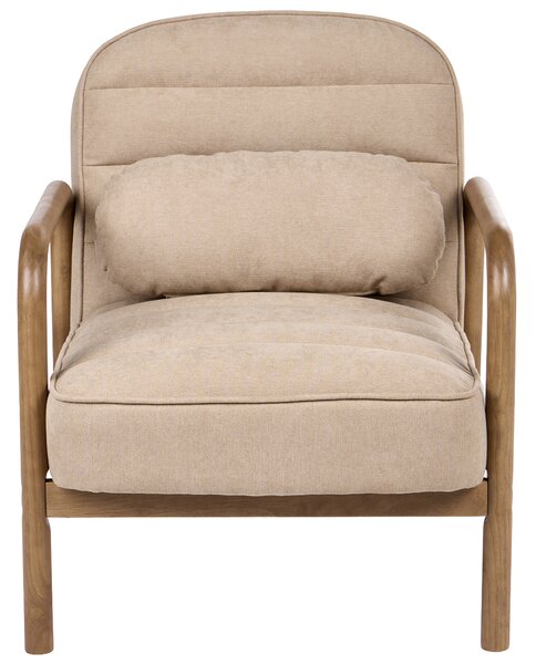 Kreslo béžové látkové čalúnenie drevený rám s vankúšom mid-century modern štýl obývacia izba