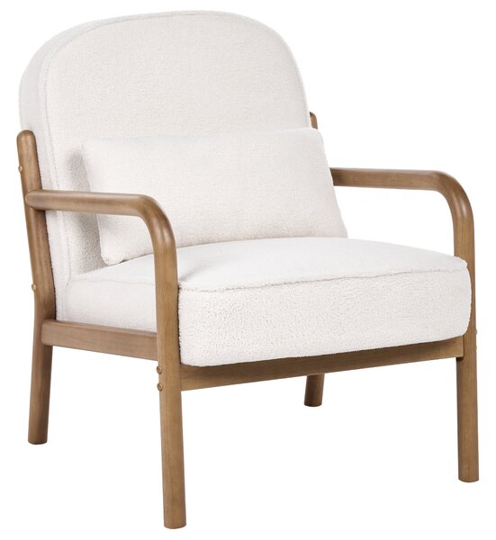 Kreslo krémová biela buklé čalúnenie drevený rám s vankúšom mid-century modern štýl obývacia izba