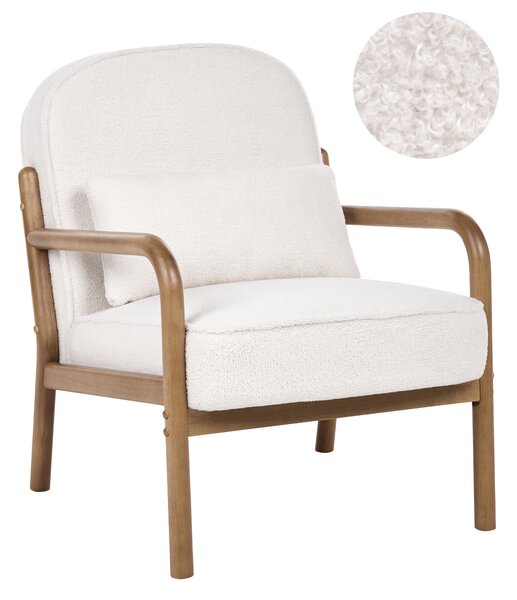 Kreslo krémová biela buklé čalúnenie drevený rám s vankúšom mid-century modern štýl obývacia izba