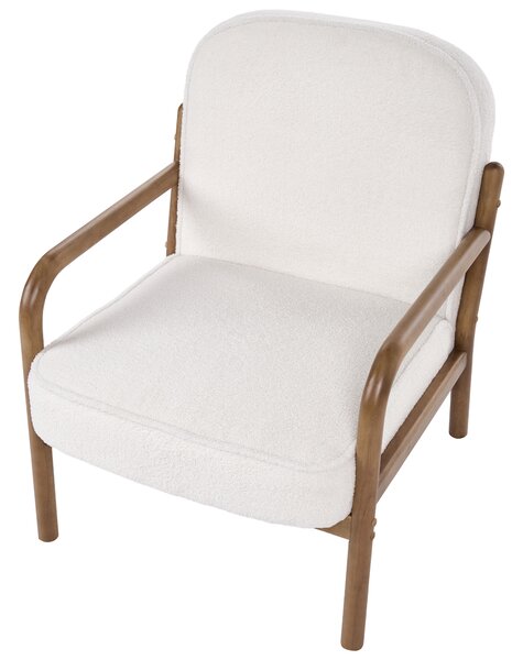 Kreslo krémová biela buklé čalúnenie drevený rám s vankúšom mid-century modern štýl obývacia izba